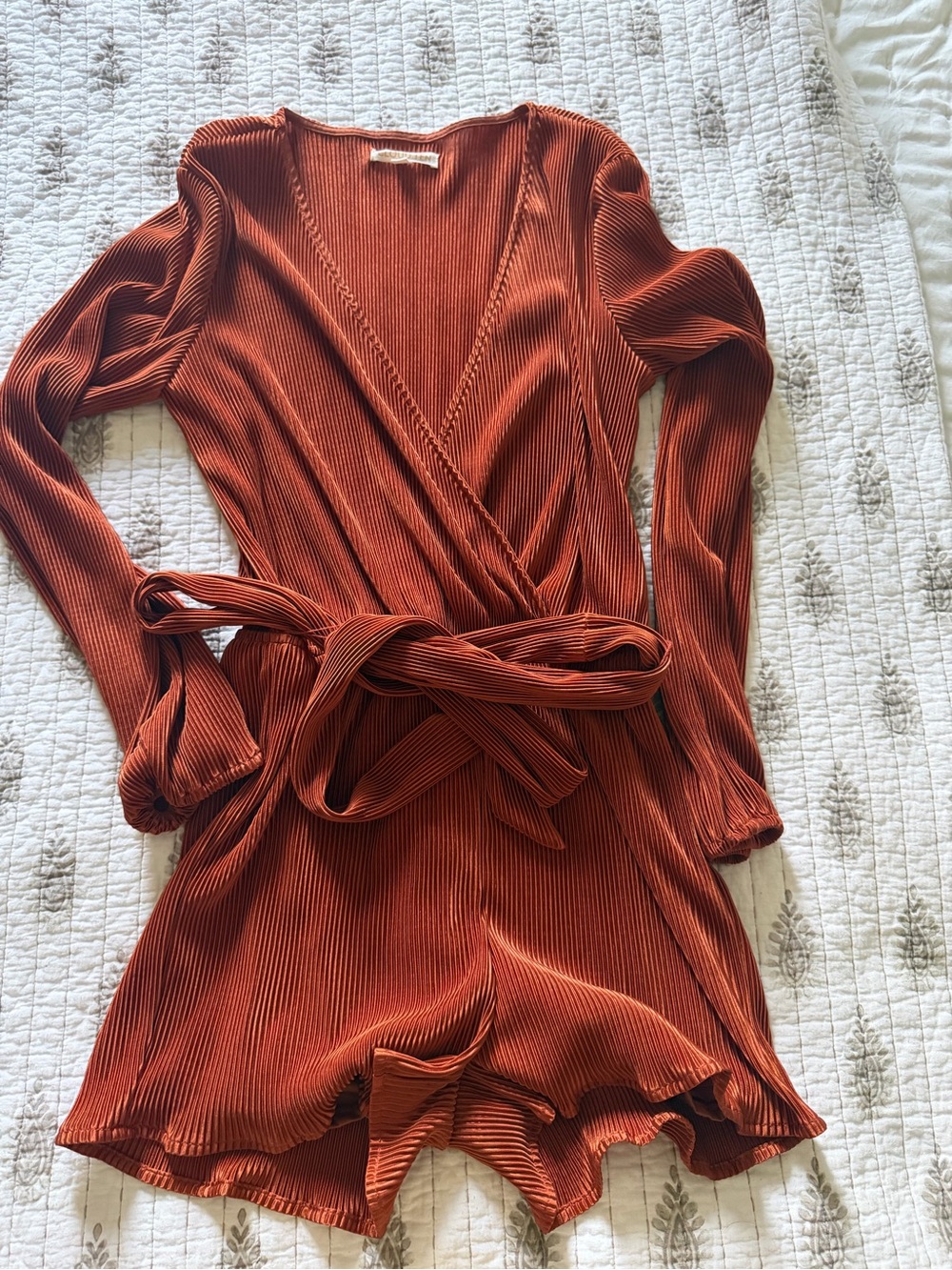 Rust Orange Ribbed Wrap Romper with Tie Waist